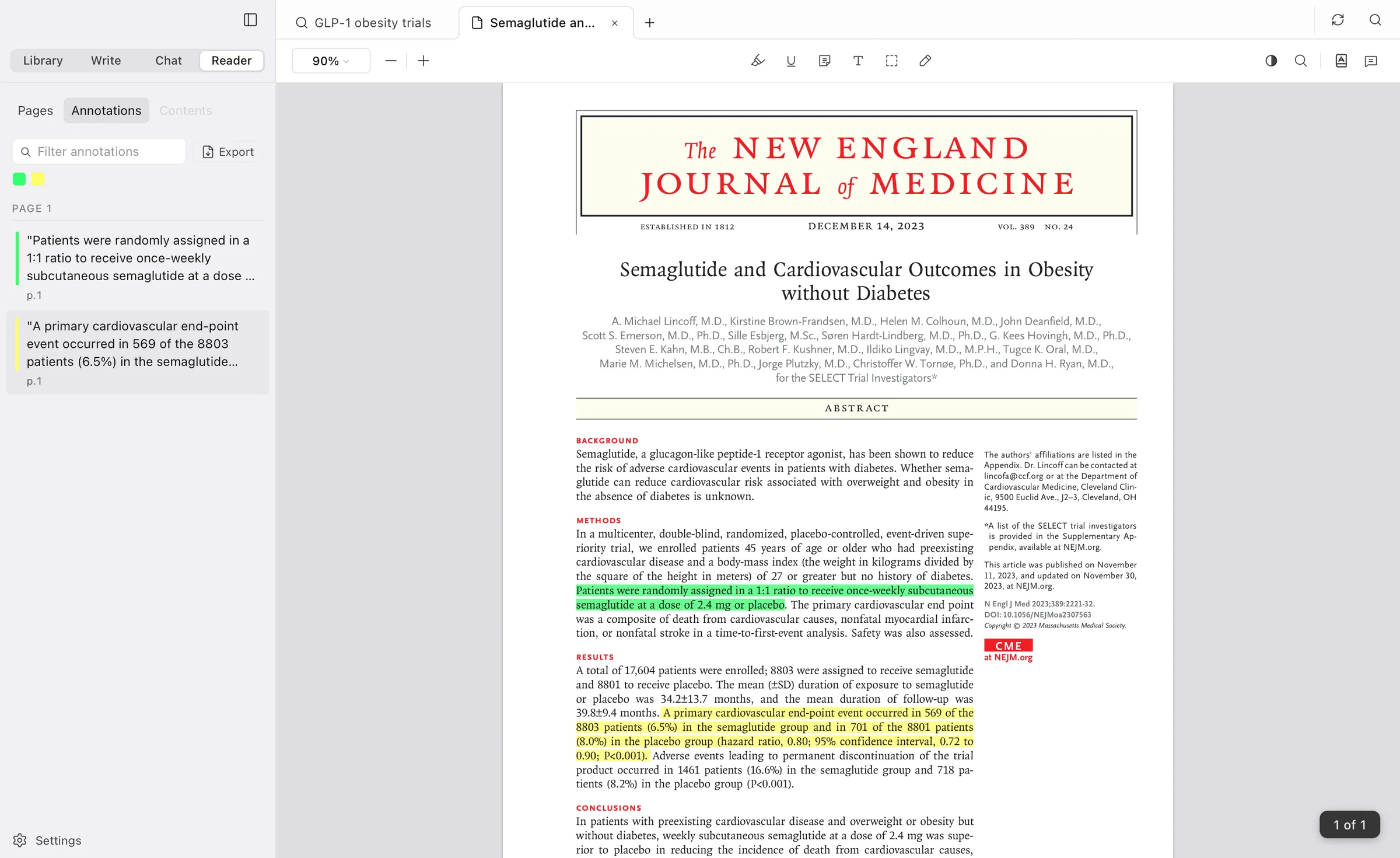 The SELECT trial open in the PDF reader, with two highlights listed in the Annotations panel.