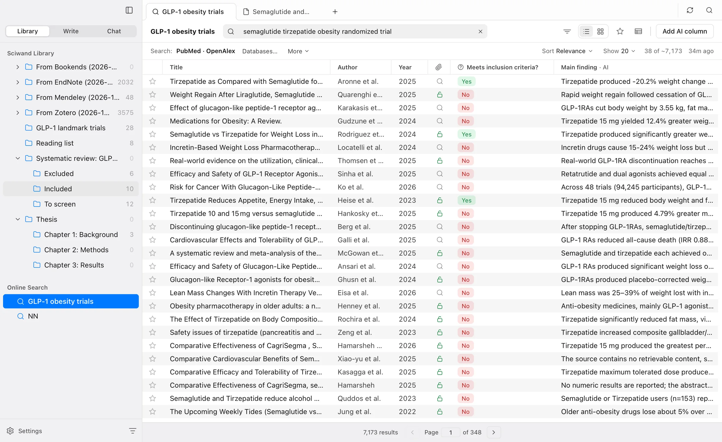 Online search across PubMed and OpenAlex, with AI columns checking each result against inclusion criteria and stating its main finding.