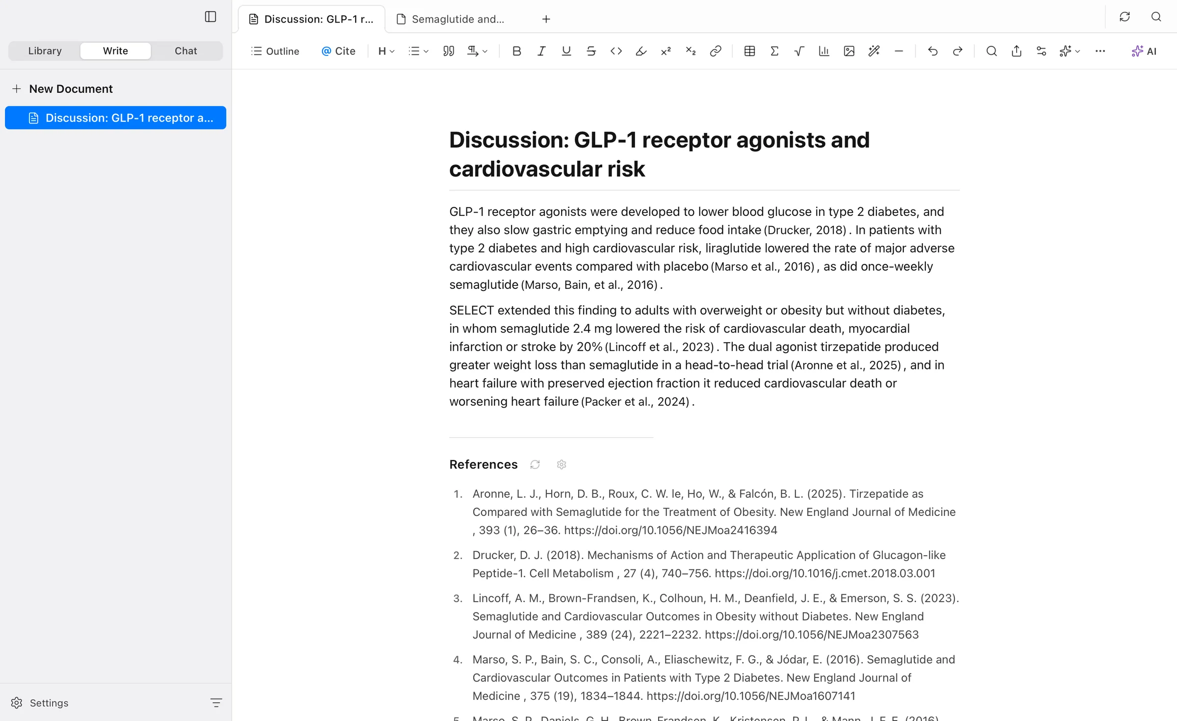 The built-in writer with APA citations and an automatic reference list.